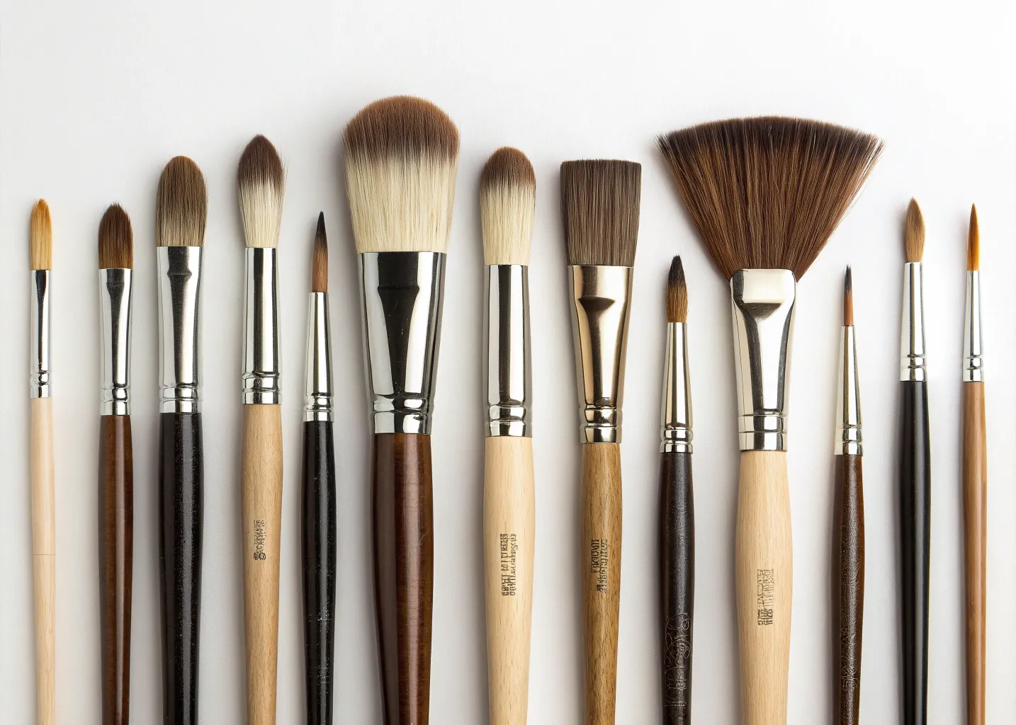 Diversos pinceles organizados mostrando diferentes formas y tamaños